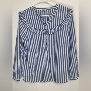 Old Navy Blue White Stripe Ruffle Blouse Medium Coastal Cottagecore
